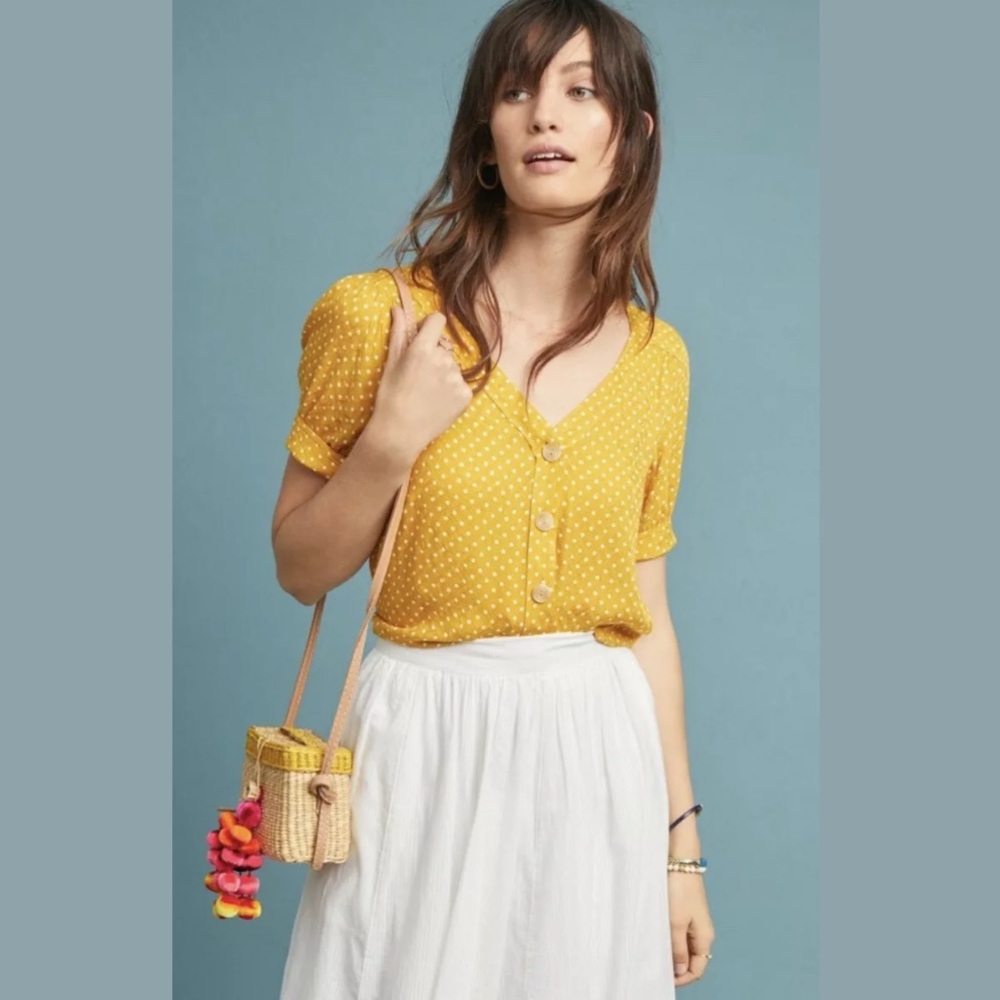 Maeve Yellow Polka Dot Button Up Mustard Top 6